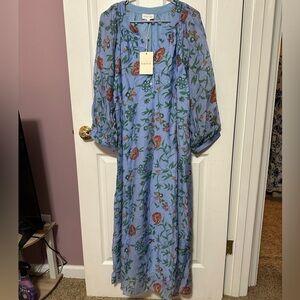 Entro Large NWT Sheray Midi Dress Light Blue Floral Dress 3/4 Sleeves